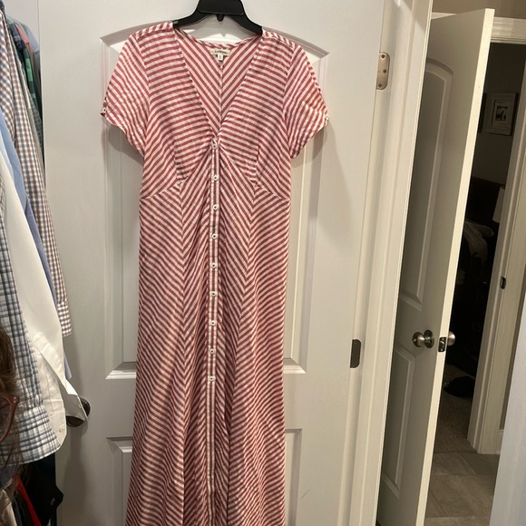 Soft red and cream striped dress. A line bodice. V neck. Size 8. Ankle length. - Picture 1 of 5